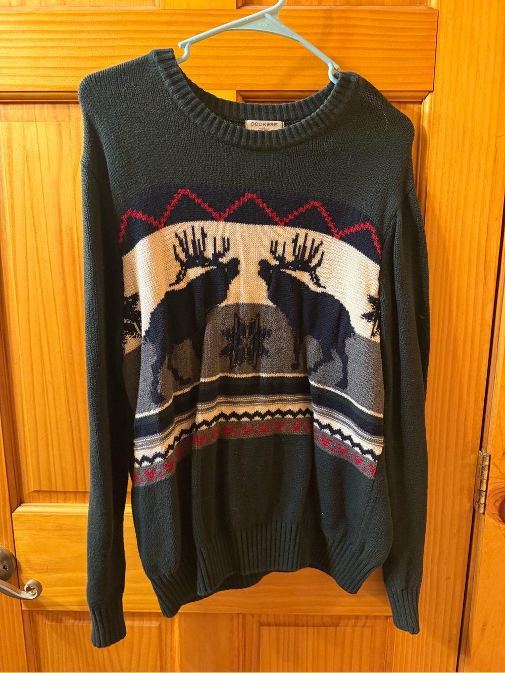 Dockers Dark Navy Crewneck Sweater with Moose Motif and Red Accents